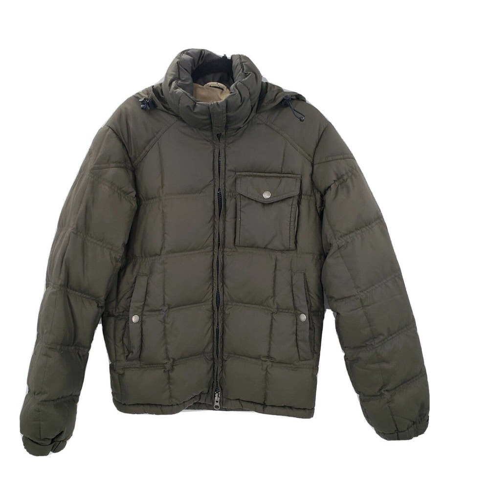 J crew expedition down puffer jacket mens size XS army green tuck away hood